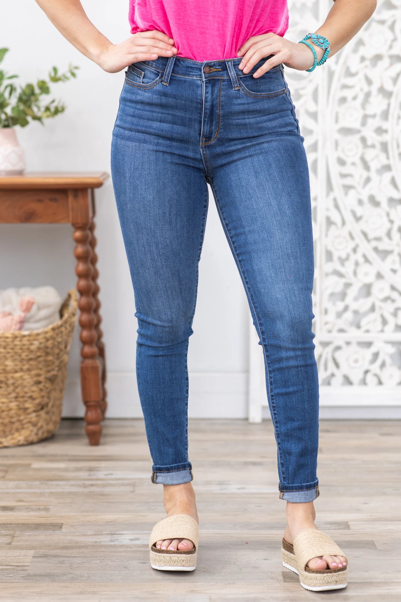 JUDY BLUE HIGH WAIST HEM SKINNY CUFFED JEANS