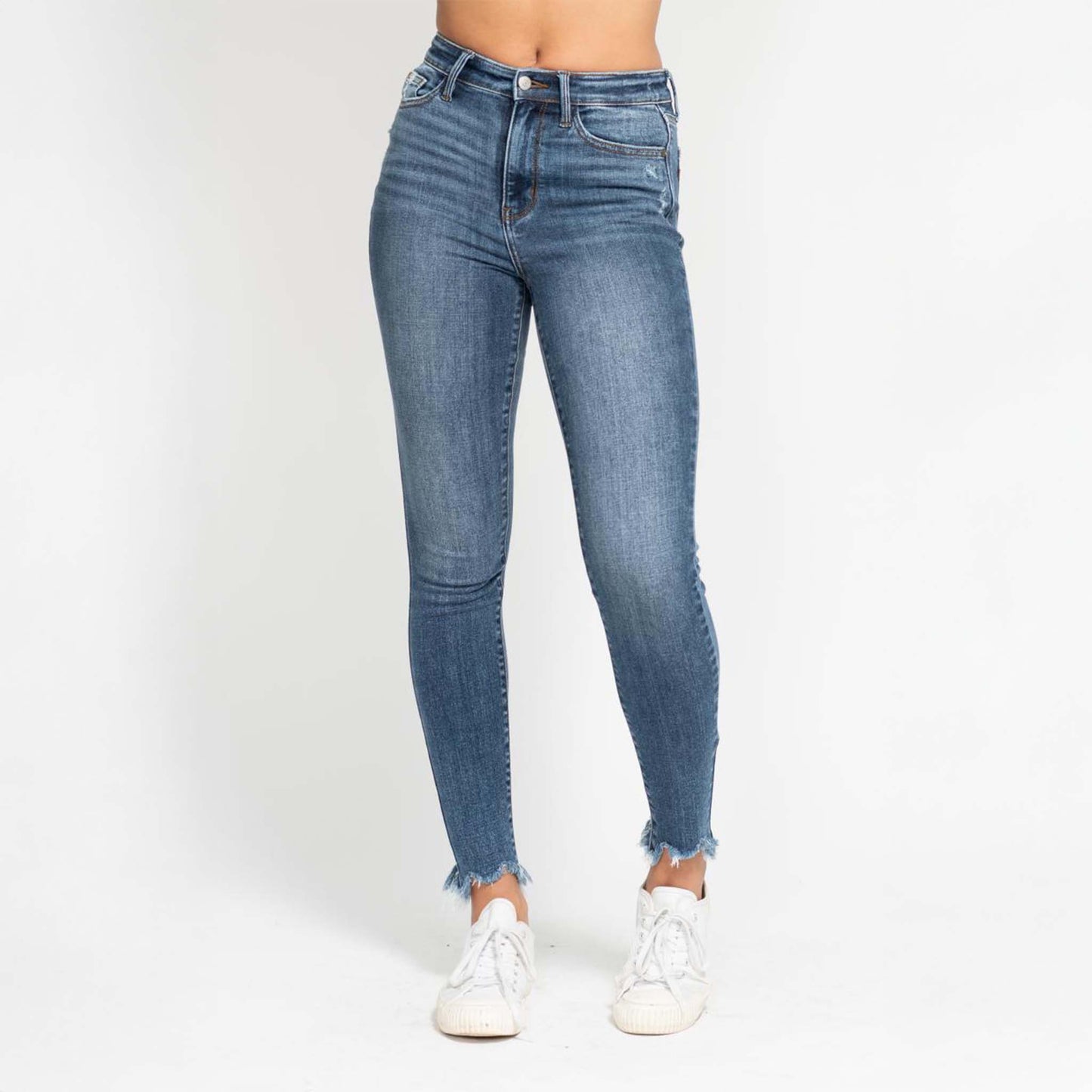 JUDY BLUE MID RISE SHARK BITE HEM SKINNY JEANS