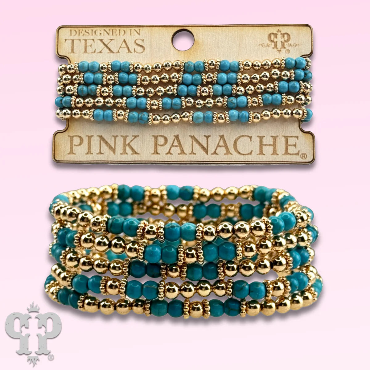 PINK PANACHE Gold and turquoise bead five strand bracelet