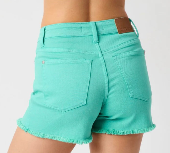 Judy Blue Mid Rise Garment Dyed Fray Hem Shorts- Aquamarine