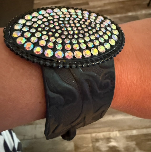 Sandra Ling Black Tooled Leather Cuff Bling