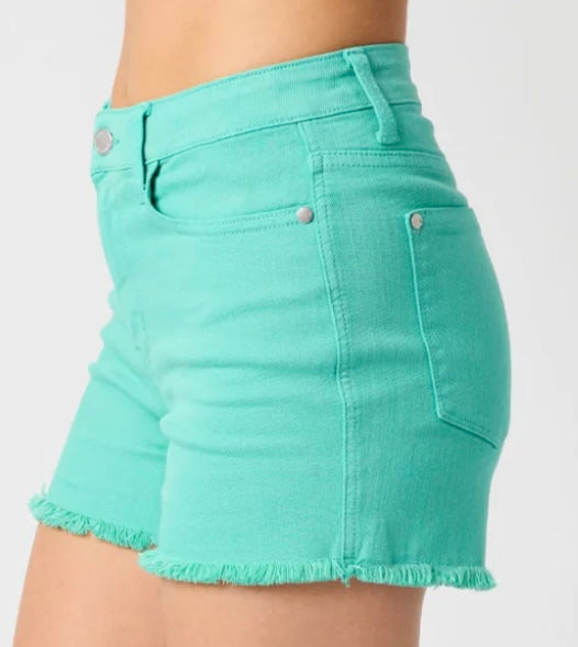 Judy Blue Mid Rise Garment Dyed Fray Hem Shorts- Aquamarine