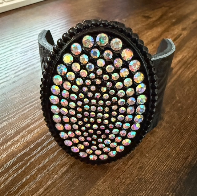 Sandra Ling Black Tooled Leather Cuff Bling