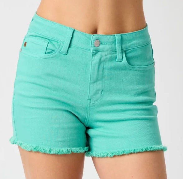 Judy Blue Mid Rise Garment Dyed Fray Hem Shorts- Aquamarine