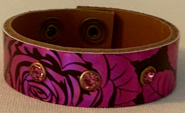 SANDRA LING GENUINE LEATHER AB CRYSTAL ROSE SKINNY CUFF (HOT PINK)