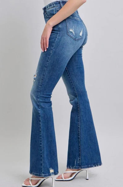 JUDY BLUE HIGH WAIST CONTRAST WASH DESTROY FLARE JEANS