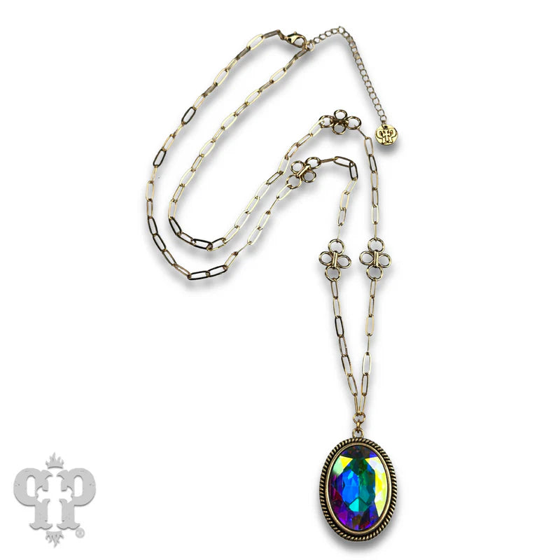 Large Oval Crystal Pendant & Flower Chain Necklace