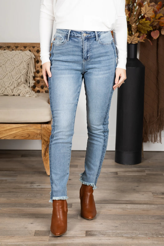 JUDY BLUE HIGH WAIST VINTAGE WASH SIDE PANEL HI-LO FRAY HEM SLIM JEANS