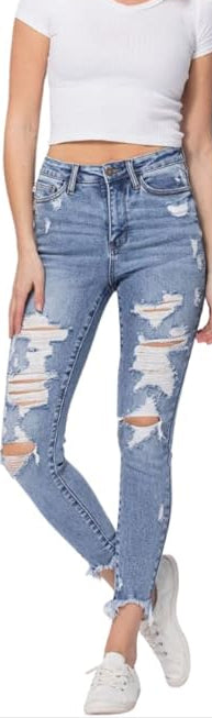 JUDY BLUE HIGH RISE SHARK BITE DESTROYED SKINNY JEANS