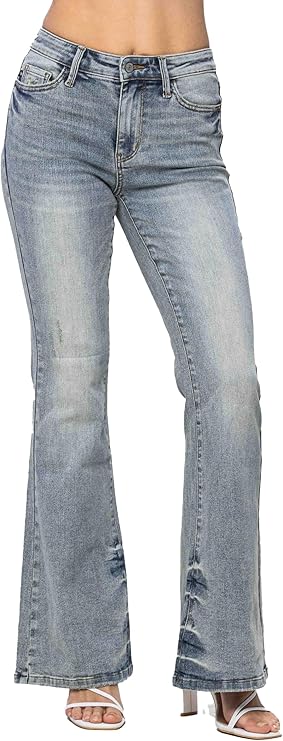 JUDY BLUE MID RISE TINTED PIN TACK DETAIL FLARE