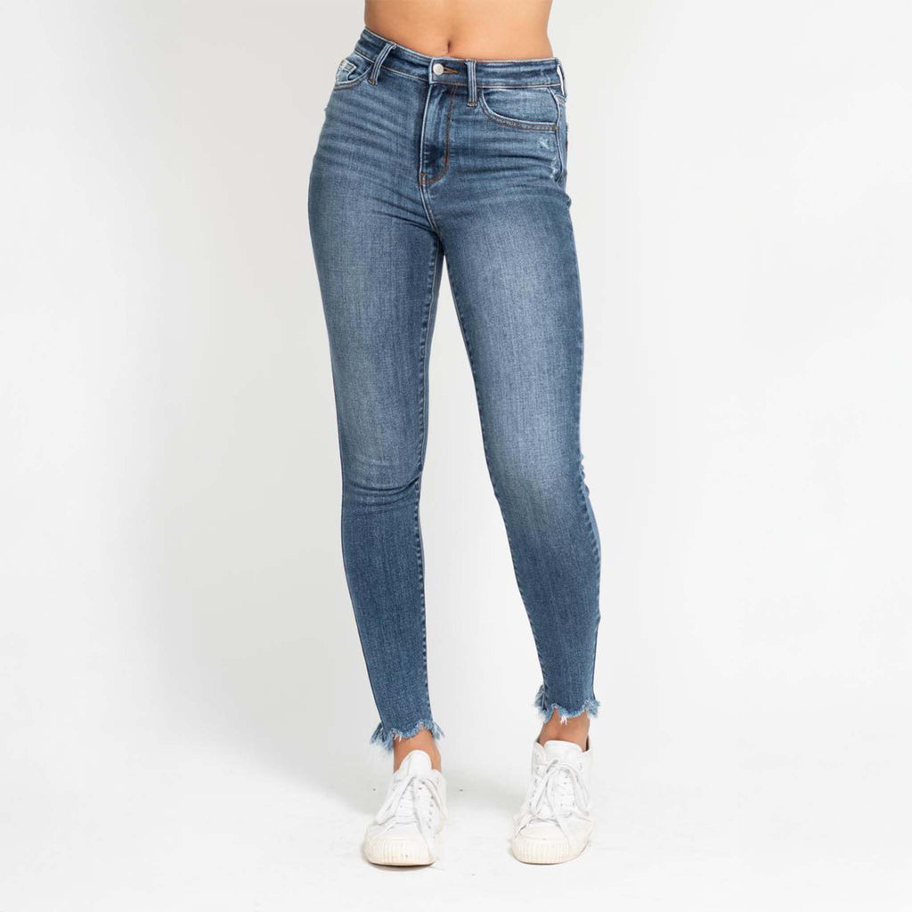JUDY BLUE MID RISE SHARK BITE HEM SKINNY JEANS