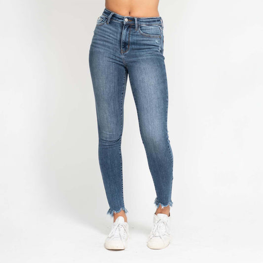 JUDY BLUE MID RISE SHARK BITE HEM SKINNY JEANS