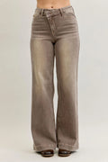 Judy Blue High Waist Retro Yarn Dyed Clay Criss-Cross Waistband Wide Leg Denim Jeans