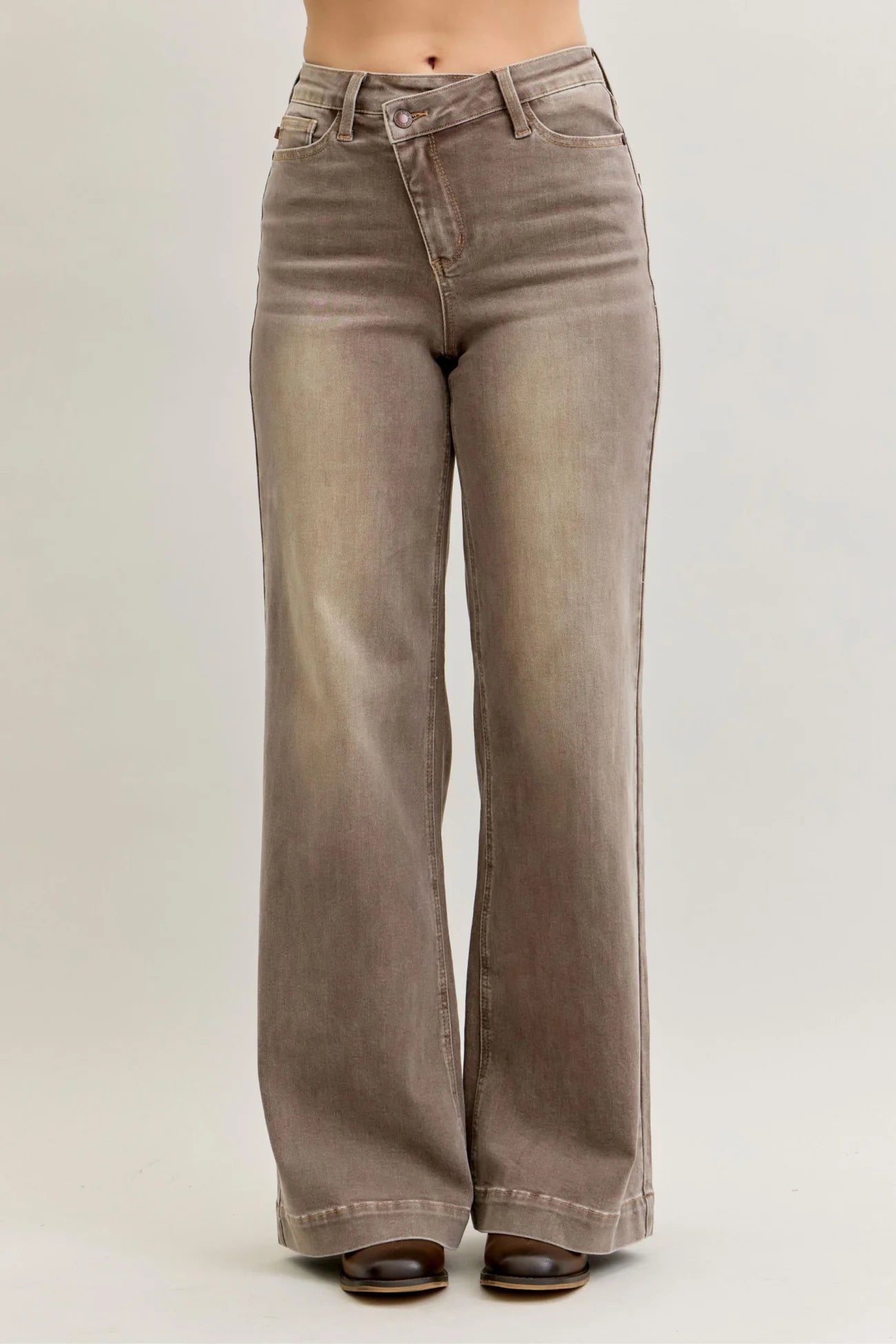 Judy Blue High Waist Retro Yarn Dyed Clay Criss-Cross Waistband Wide Leg Denim Jeans