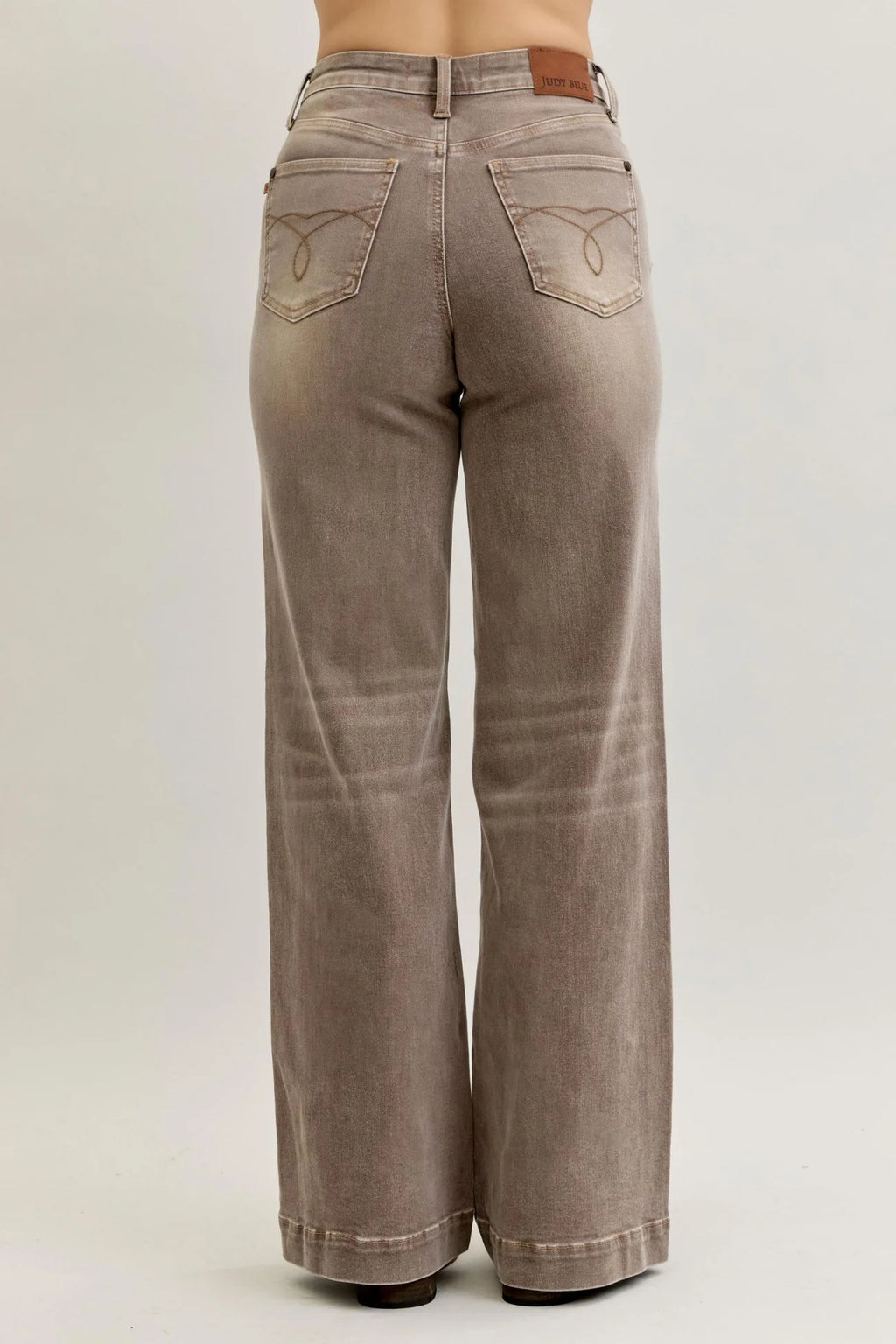 Judy Blue High Waist Retro Yarn Dyed Clay Criss-Cross Waistband Wide Leg Denim Jeans