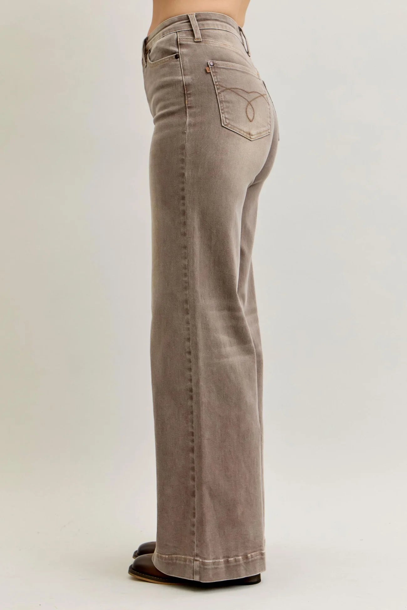 Judy Blue High Waist Retro Yarn Dyed Clay Criss-Cross Waistband Wide Leg Denim Jeans