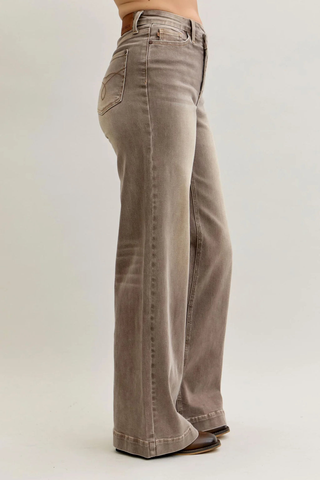 Judy Blue High Waist Retro Yarn Dyed Clay Criss-Cross Waistband Wide Leg Denim Jeans