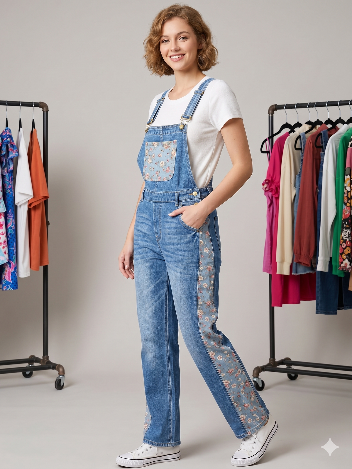 FLORAL DENIM ADJUSTABLE OVERALLS