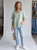 LIGHT GREEN BATWING FRAYED BLOUSE