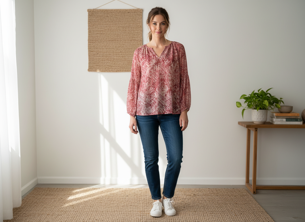 DESIGN V NECK BALLOON SLEEVE BLOUSE