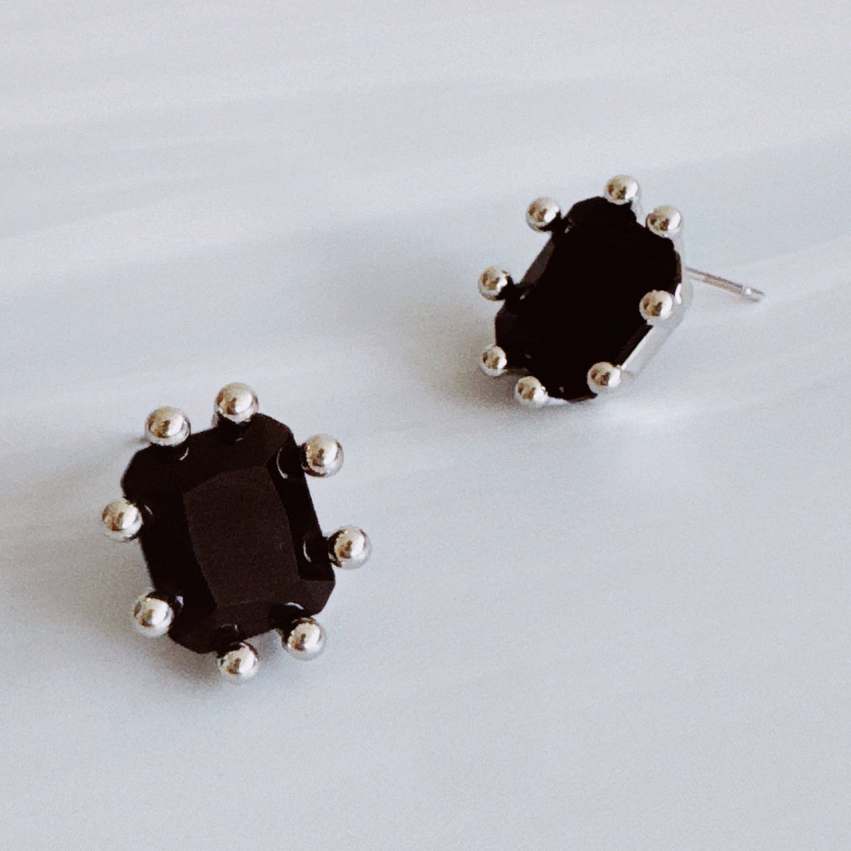 Statement Gem Stud Earrings – Faceted Black Stone with Prong Setting