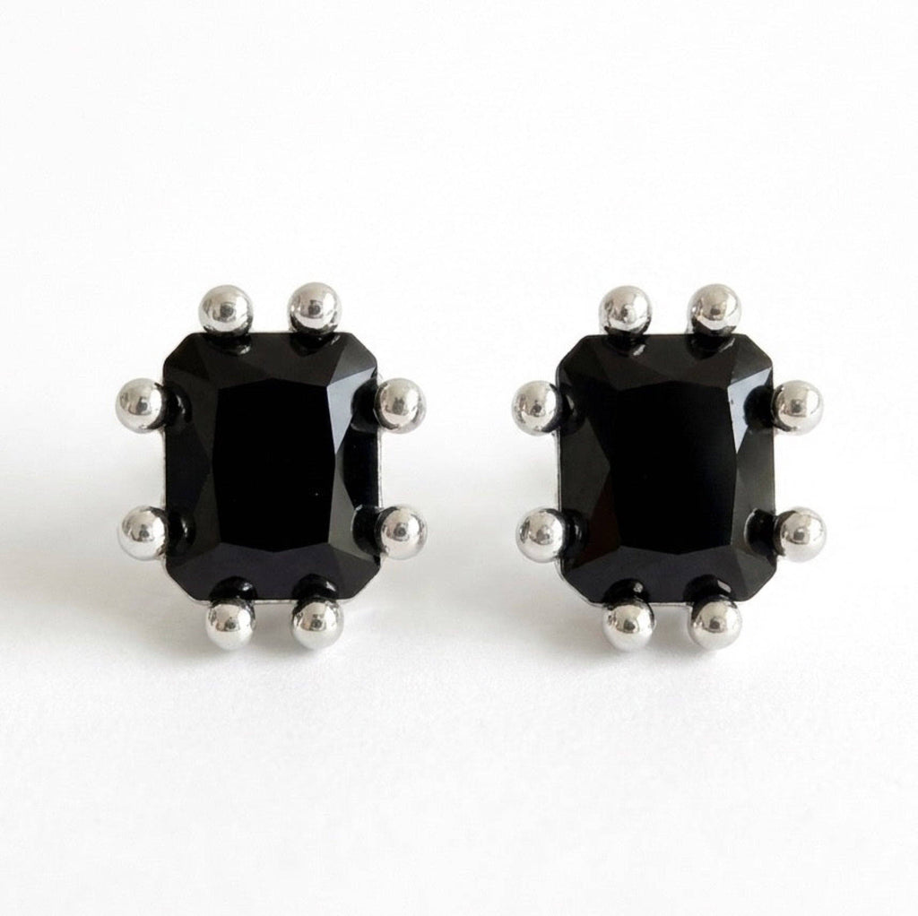 Statement Gem Stud Earrings – Faceted Black Stone with Prong Setting