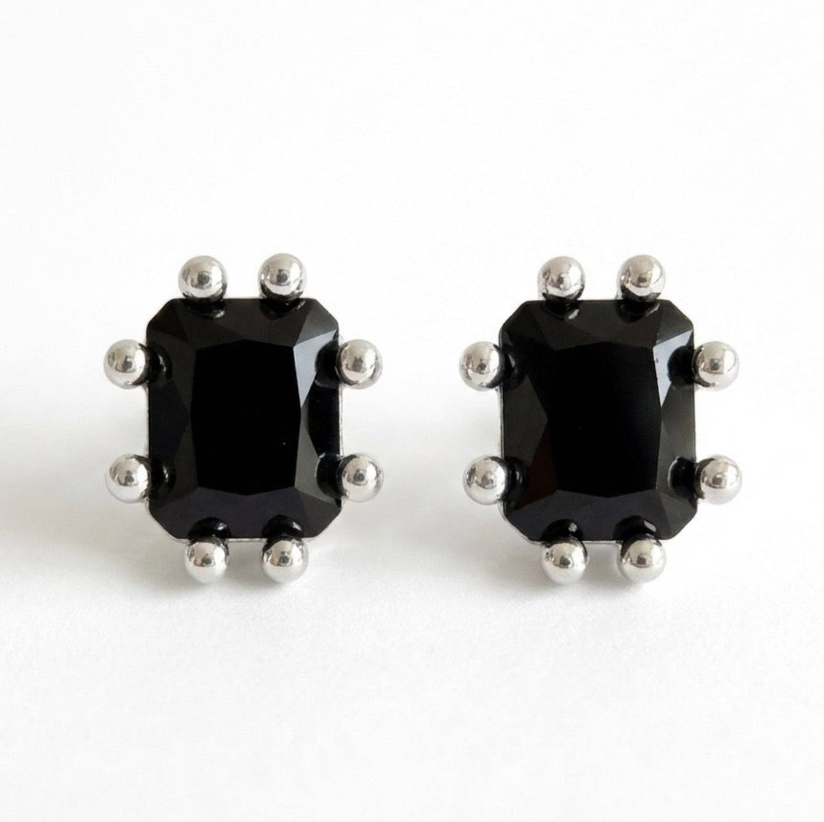 Statement Gem Stud Earrings – Faceted Black Stone with Prong Setting