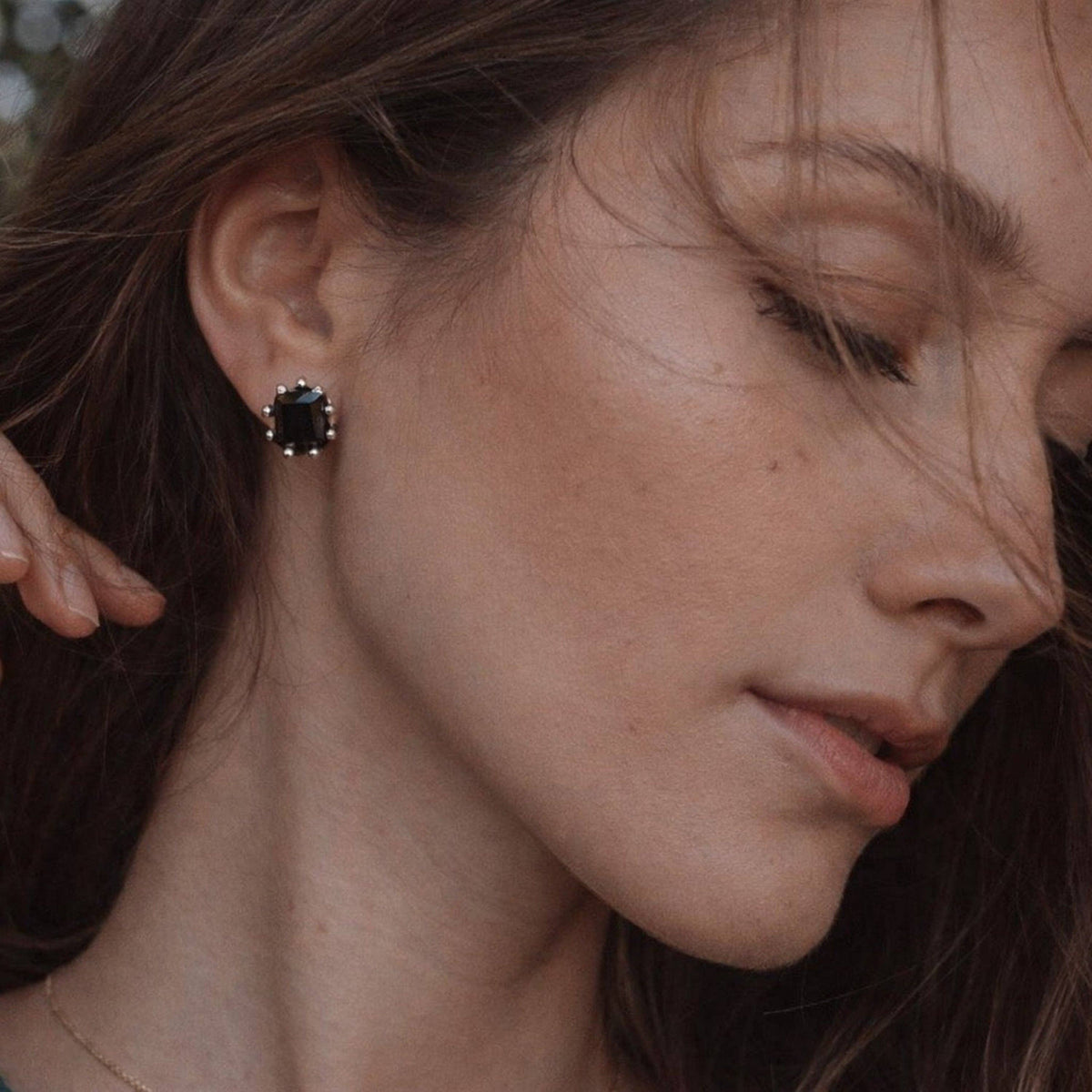 Statement Gem Stud Earrings – Faceted Black Stone with Prong Setting