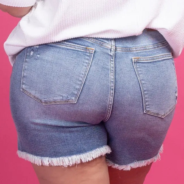 JUDY BLUE HW RIDGED MAGIC BUTTON FLY PLUS SIZE SHORTS