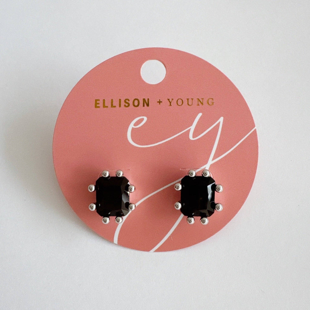 Statement Gem Stud Earrings – Faceted Black Stone with Prong Setting