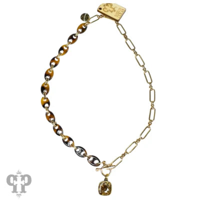 Tortoise link chain, Austrian crystal pendant necklace (Gold)