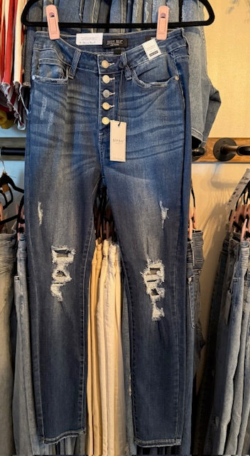 JUDY BLUE HIGH WAISTED BUTTON FLY DESTROYED SKINNY JEAN