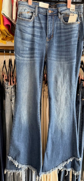 JUDY BLUE HIGH WAIST FRAY HEM TULIP RETRO FLARE JEANS