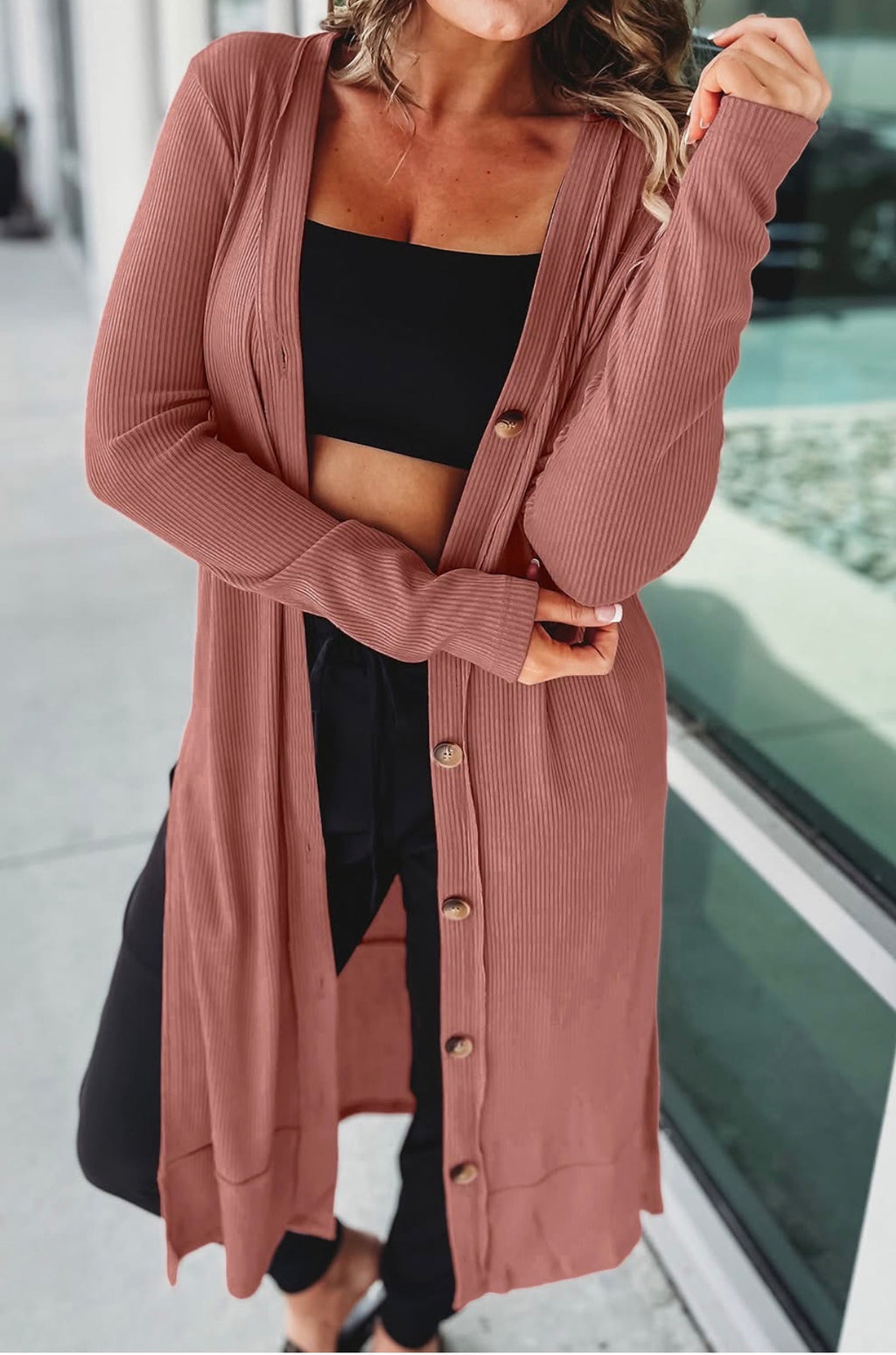 MINERAL RED FLAXEN RIBBED BUTTON UP SPLIT DUSTER CARDIGAN