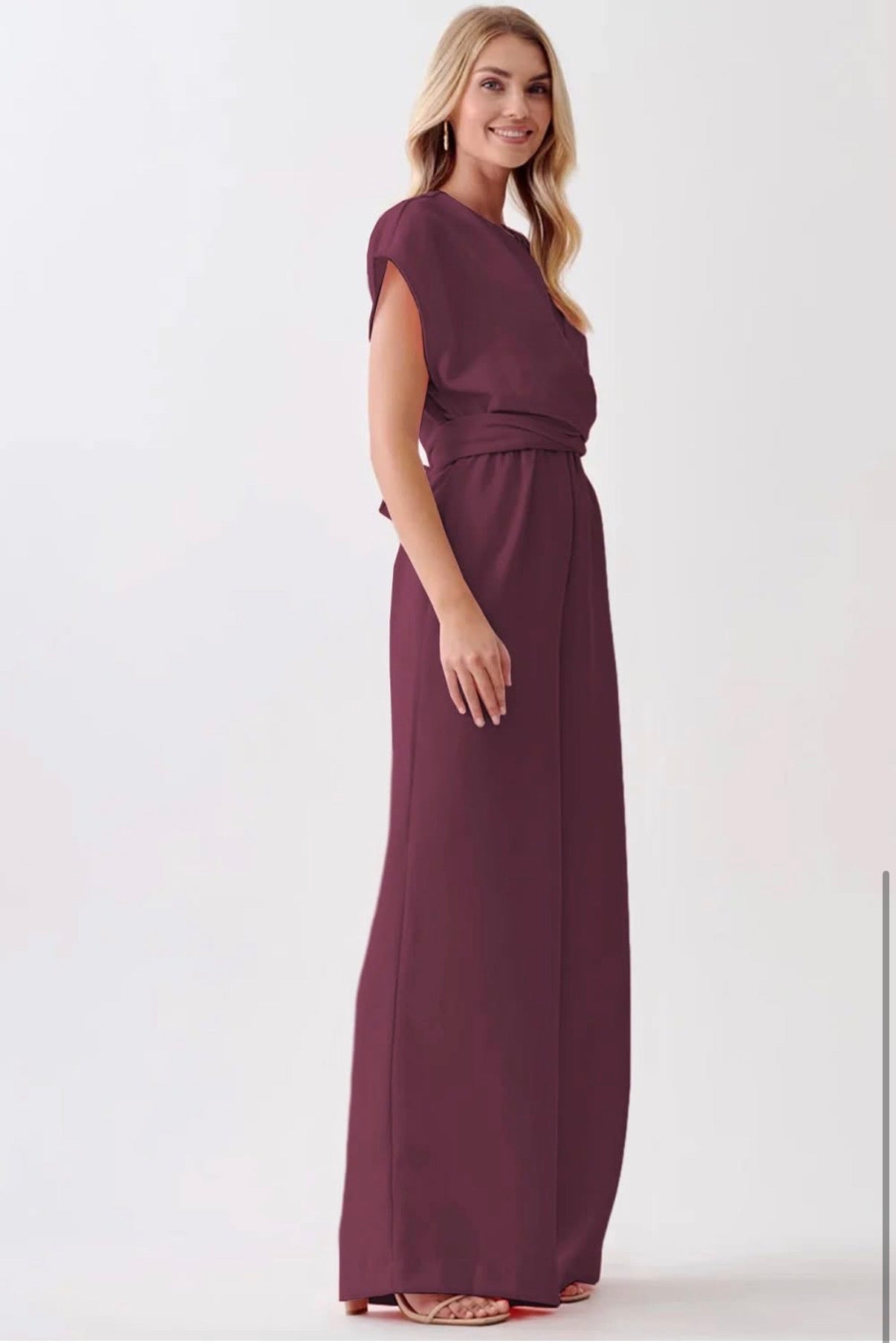 BURGANDY CAP SLEEVE KNOT SHIFT JUMPSUIT