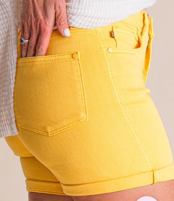Judy Blue Tummy Control HW Hem Shorts (Yellow)