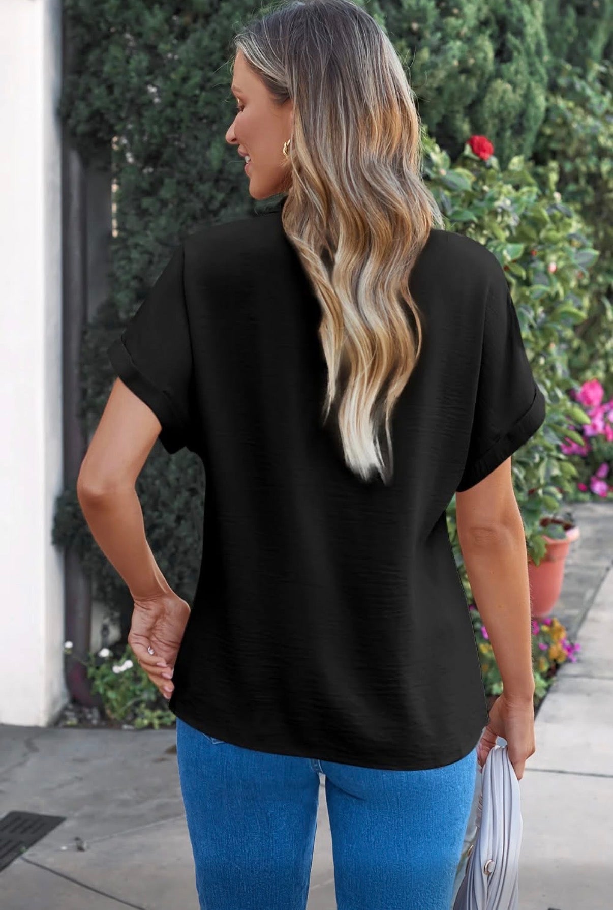 V NOTCHED NECK BLOUSE (ROSE, BLACK, NAVY)