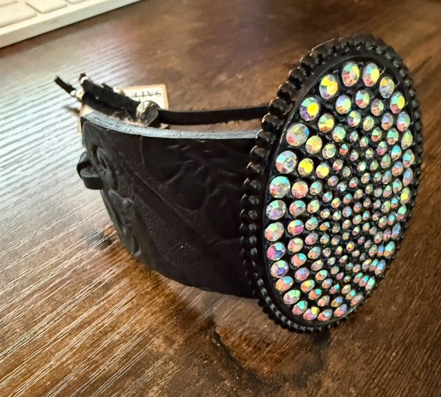 Sandra Ling Black Tooled Leather Cuff Bling