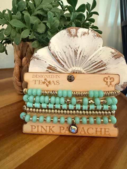 PINK PANACHE  BEADED BRACELET STACK W/ AUSTRIAN CRYSTAL CHARM (MINT GREEN/GOLD)