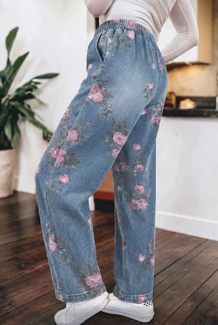 BEAU BLUE FLORAL PRINT ELASTIC WAIST PULL ON JEANS