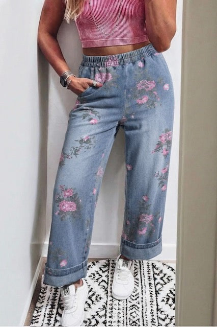 BEAU BLUE FLORAL PRINT ELASTIC WAIST PULL ON JEANS
