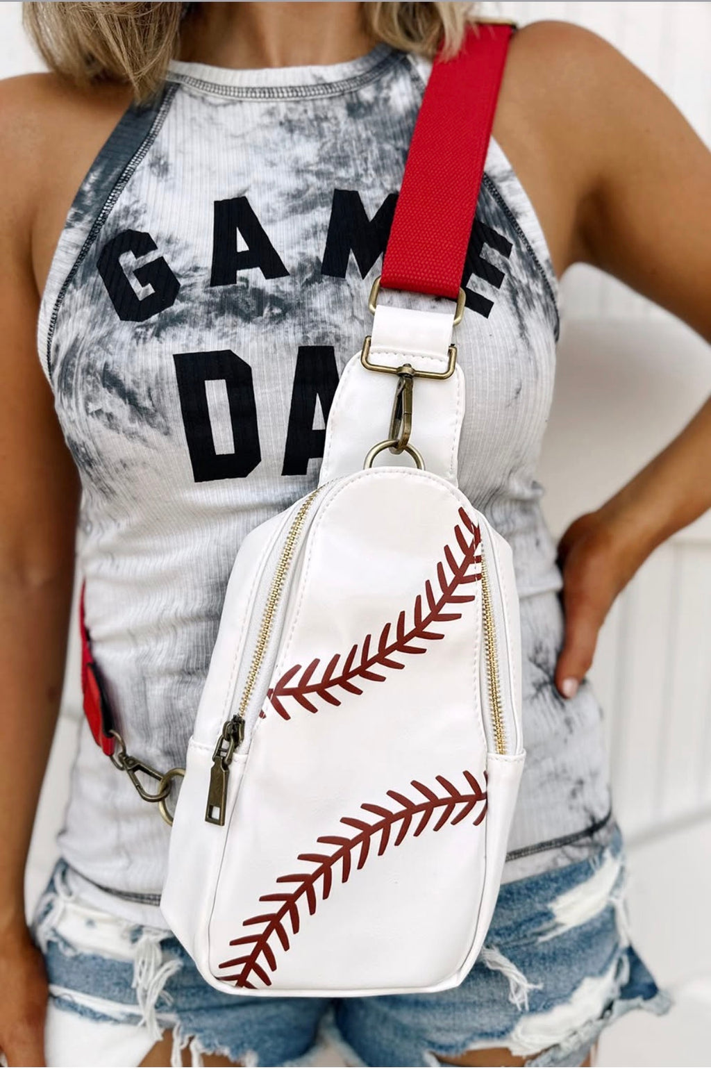 Racing Red Baseball Pattern PU Leather Zipped Sling Bag