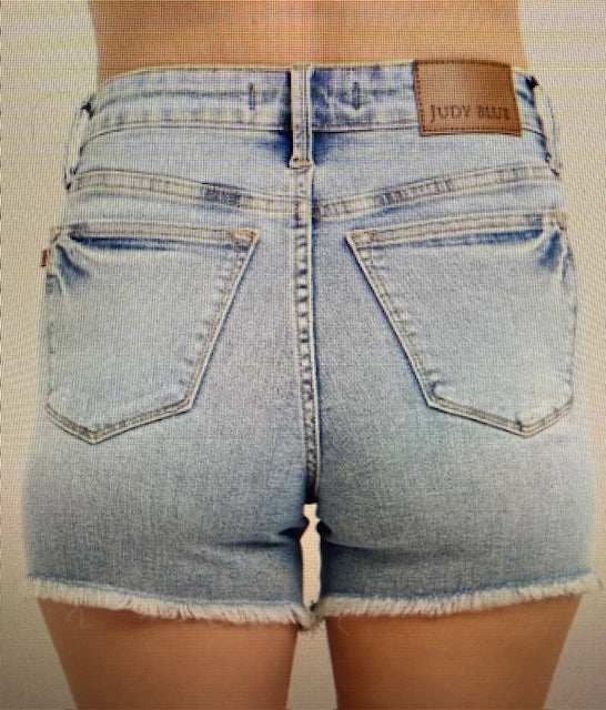 Judy Blue Tummy Control HW Light Destroy & Fray Hem Shorts