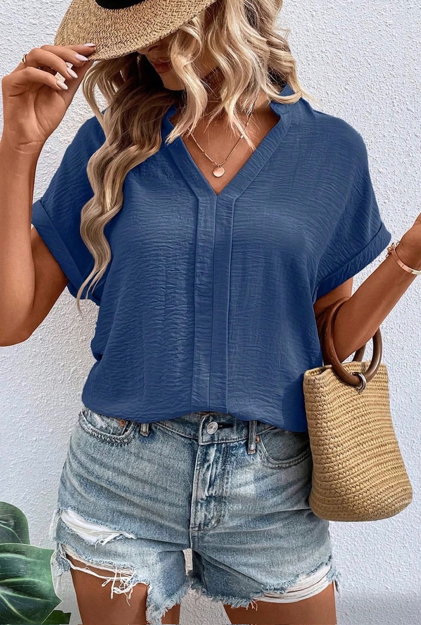 V NOTCHED NECK BLOUSE (ROSE, BLACK, NAVY)