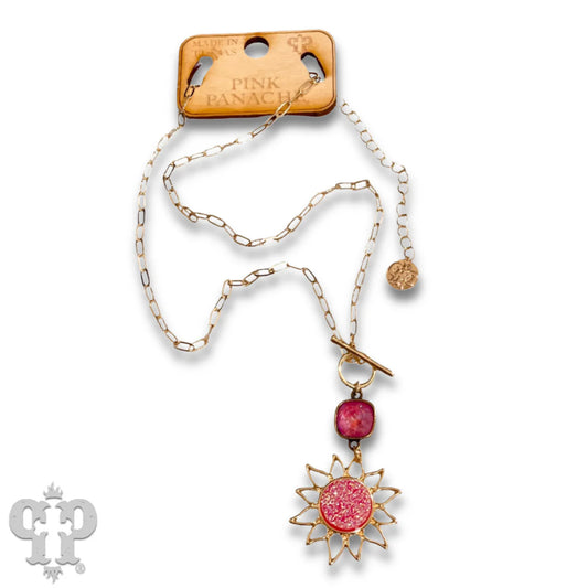Sparkling Druzy style sun pendant necklace with Austrian crystal