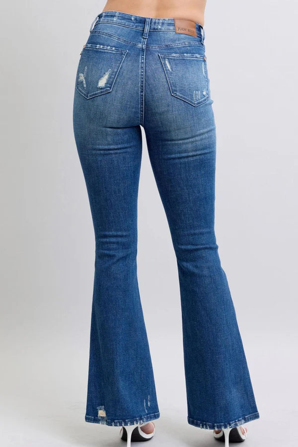 JUDY BLUE HIGH WAIST CONTRAST WASH DESTROY FLARE JEANS