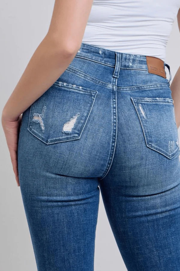 JUDY BLUE HIGH WAIST CONTRAST WASH DESTROY FLARE JEANS