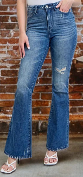 JUDY BLUE HIGH WAIST CONTRAST WASH DESTROY FLARE JEANS
