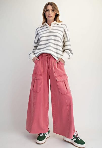 EASEL BRAND WASHED TERRY CARGO SWEATPANTS--RASPBERRY