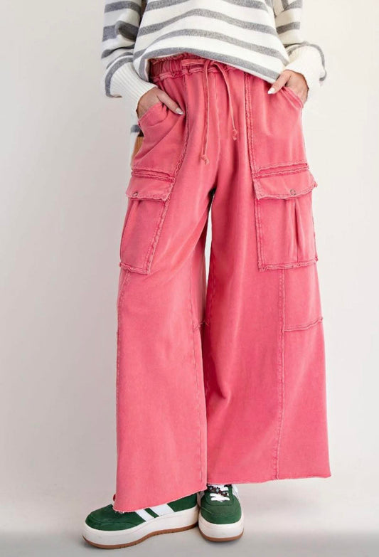 EASEL BRAND WASHED TERRY CARGO SWEATPANTS--RASPBERRY